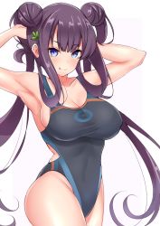 Rule 34 | 1girl, armpits, arms behind head, arms up, bare shoulders, black one-piece swimsuit, blue eyes, blue one-piece swimsuit, blunt bangs, blush, breasts, cleavage, closed mouth, collarbone, competition swimsuit, covered navel, double bun, fate/grand order, fate (series), hair bun, hair ornament, highleg, highleg swimsuit, highres, large breasts, leaf hair ornament, licking lips, long hair, looking at viewer, one-piece swimsuit, purple hair, sankakusui, sidelocks, smile, solo, swimsuit, thighs, tongue, tongue out, twintails, two-tone swimsuit, very long hair, yang guifei (fate), yang guifei (first ascension) (fate)