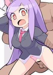 Rule 34 | 1boy, 1girl, animal ears, arm grab, bar censor, black jacket, blazer, blush, breasts, censored, clothed female nude male, clothed sex, clothing aside, collared shirt, commentary, cookie (touhou), cowboy shot, grey background, hetero, hisui (cookie), hospital king, jacket, large breasts, long hair, long sleeves, medium bangs, necktie, no pants, nude, open mouth, panties, panties aside, penis, pink panties, purple hair, pussy, rabbit ears, rabbit girl, red eyes, red necktie, reisen udongein inaba, sex, sex from behind, shirt, solo focus, standing, standing sex, swept bangs, textless version, touhou, two-tone background, underwear, vaginal, very long hair, white background, white shirt