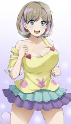 Rule 34 | 1girl, barkhorn0331, blue eyes, breasts, cleavage, grey hair, highres, large breasts, love live!, love live! superstar!!, multicolored hair, open mouth, running, shirt, simple background, skirt, sweat, tang keke, yellow shirt