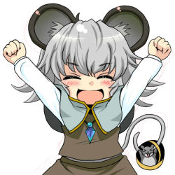 Rule 34 | &gt; &lt;, 1girl, animal ears, arms up, baseball cap, basket, blush, capelet, closed eyes, female focus, gem, grey hair, hat, holding, holding with tail, ishikkoro, jewelry, mouse (animal), mouse ears, mouse tail, nazrin, necklace, open mouth, pendant, prehensile tail, shirt, short hair, skirt, skirt set, smile, solo, tail, touhou, vest