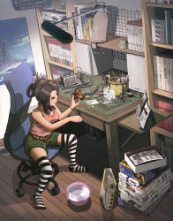 Rule 34 | 1girl, art brush, bandai, bandai namco, bare shoulders, belt, black eyes, black hair, book, book stack, bookshelf, box, breasts, bucket, chair, cleavage, desk, earasensha, folded ponytail, full body, gas compressor, hair ornament, hairclip, highres, indoors, jar, lamp, military, military vehicle, model kit, motor vehicle, no shoes, office chair, original, otaku, otaku room, paint, paintbrush, painting (action), petite, poster (object), room, running bond, serious, shorts, sitting, solo, striped clothes, striped thighhighs, swivel chair, tamiya incorporated, tank, tank top, tape, thighhighs, type 97 chi-ha, vehicle, wooden floor