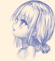 Rule 34 | 1girl, bare shoulders, commentary request, endou hiroto, highres, looking to the side, monochrome, open mouth, original, profile, short hair, short twintails, simple background, solo, twintails, upper body