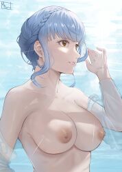 Rule 34 | 1girl, absurdres, blue hair, braid, breasts, brown eyes, collarbone, commentary, crown braid, detached sleeves, english commentary, fire emblem, fire emblem: three houses, from side, hand up, highres, large breasts, looking ahead, magdalenus27, marianne von edmund, nintendo, nipples, nude, parted lips, see-through, see-through sleeves, short hair, sidelocks, solo, upper body