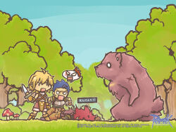 1girl 2boys angry bear bigfoot_(ragnarok_online) blonde_hair blue_hair blue_sky boots brown_footwear brown_gloves brown_shorts chibi copyright_notice dagger faceplant forest full_body gloves guest_art holding holding_dagger holding_knife holding_weapon knife logo long_bangs looking_at_another minorigo_flow multiple_boys mushroom nature novice_(ragnarok_online) official_art official_wallpaper open_mouth outdoors ragnarok_online red_hair short_hair shorts sky translation_request tree weapon