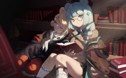 Rule 34 | 2girls, animal ears, arknights, bear ears, black dress, blonde hair, blue hair, blue necktie, book, bookshelf, braid, brown jacket, collared shirt, commentary request, cyan aqua, dress, feet out of frame, grey eyes, gummy (arknights), hair ornament, hairclip, highres, holding, holding book, indoors, istina (arknights), jacket, knees together feet apart, long sleeves, multiple girls, necktie, off shoulder, open book, open clothes, open jacket, pantyhose, puffy long sleeves, puffy sleeves, red pantyhose, shirt, sitting, socks, white shirt, white socks