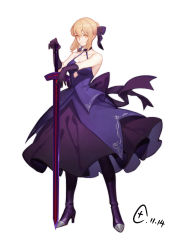 Rule 34 | 1girl, absurdres, artoria pendragon (all), artoria pendragon (fate), blonde hair, boots, bow, breasts, choker, cleavage, closed mouth, collarbone, excalibur morgan (fate), fate/stay night, fate (series), formal, full body, gang beng er, gloves, hair between eyes, hair bow, hand on hilt, high heel boots, high heels, highres, long skirt, medium breasts, purple bow, purple footwear, purple gloves, purple skirt, saber alter, short hair, simple background, skirt, skirt suit, sleeveless, solo, standing, suit, white background, yellow eyes