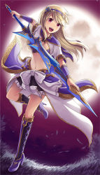 Rule 34 | 1girl, black skirt, blonde hair, boots, breasts, cape, cleavage, commentary request, cropped shirt, frilled skirt, frills, full body, full moon, hairband, high heel boots, high heels, holding, holding sword, holding weapon, leg up, long hair, looking at viewer, medium breasts, miniskirt, moon, natsuya (kuttuki), navel, open mouth, purple cape, purple footwear, purple hairband, red eyes, red sky, shirt, showgirl skirt, skirt, sky, smile, solo, sword, venus blade, waist cape, weapon, white shirt, white skirt