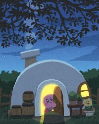 Rule 34 | blue eyes, blush stickers, chimney, cloud, door, flower, grass, highres, house, kirby, kirby (series), looking at viewer, miclot, night, night sky, nintendo, no humans, open mouth, opening door, outdoors, pink footwear, shoes, sky, smoke, tree, window, yellow flower