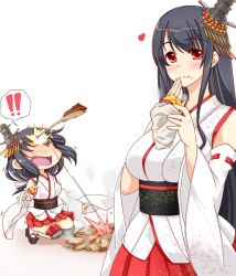 Rule 34 | !, !!, 10s, 2girls, black hair, chestnut, eating, food, food on face, fusou (kancolle), hand on own chin, heart, kantai collection, kuon (nokokopopo), leaf, looking at viewer, multiple girls, red eyes, squatting, sweet potato, yamashiro (kancolle)