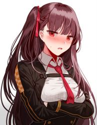 Rule 34 | 1girl, bad id, bad twitter id, blazer, blush, braid, breasts, buttons, collared shirt, crossed arms, double-breasted, embarrassed, framed breasts, french braid, girls&#039; frontline, gloves, hair ribbon, half updo, high-waist skirt, jacket, large breasts, long hair, looking at viewer, necktie, one side up, open mouth, purple hair, red eyes, red necktie, red ribbon, ribbon, shirt, sidelocks, silence girl, simple background, skirt, solo, strap, striped clothes, striped shirt, sweatdrop, tsurime, upper body, very long hair, wa2000 (girls&#039; frontline), white background