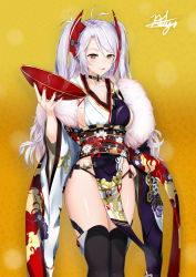 Rule 34 | 1girl, absurdres, antenna hair, arm at side, azur lane, black panties, black thighhighs, bowl, breasts, chaciooh, choker, commentary request, cowboy shot, cup, fingernails, fur collar, headgear, highres, holding, japanese clothes, large breasts, licking lips, long hair, looking at viewer, lowleg, mole, mole on breast, obi, obijime, panties, parted bangs, prinz eugen (azur lane), prinz eugen (profusion of flowers) (azur lane), revision, sakazuki, sash, side-tie panties, sideboob, signature, solo, standing, thighhighs, thighs, tongue, tongue out, underwear, white hair, wide sleeves, yellow eyes