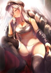 Rule 34 | 1girl, azur lane, bare shoulders, black coat, blurry, blurry background, boots, chair, coat, commentary request, enterprise (azur lane), hat, high heel boots, high heels, highres, midriff, navel, otsunabe (naabe delta), panties, peaked cap, purple eyes, silver hair, sitting, smile, solo, tank top, thighhighs, thighs, underwear, unworn coat, white hat