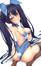 Rule 34 | 1girl, absurdres, animal ears, ass, backless outfit, bare shoulders, bimmy, black hair, black thighhighs, blush, breasts, frills, from behind, hair between eyes, hair ribbon, highres, leotard, long hair, looking at viewer, medium breasts, neptune (series), no shoes, noire (neptunia), playboy bunny, rabbit ears, rabbit tail, red eyes, ribbon, seiza, sitting, solo, tail, thighhighs, twintails