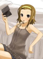 Rule 34 | 00s, 1girl, bad id, bad pixiv id, brown hair, camisole, food, hairband, handheld game console, ice cream, k-on!, mouth hold, nintendo ds, playing games, short hair, solo, tainaka ritsu, unyon, video game