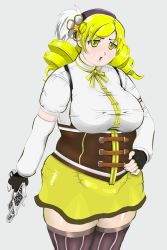 Rule 34 | 10s, 1girl, blonde hair, breasts, drill hair, fat, female focus, gun, hair ornament, kaizokugosaku, large breasts, mahou shoujo madoka magica, miniskirt, open mouth, simple background, skirt, solo, suspenders, thighhighs, tomoe mami, weapon, white background, wide hips, yellow eyes, yellow skirt