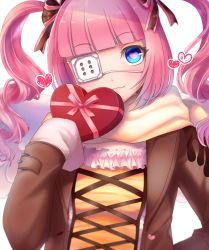Rule 34 | 1girl, abc03219, blue eyes, blunt bangs, box, brown coat, character request, closed mouth, coat, eyepatch, heart, heart-shaped box, heart-shaped pupils, highres, holding, holding box, long hair, looking at viewer, open clothes, open coat, pink hair, sleeves past fingers, sleeves past wrists, smile, solo, symbol-shaped pupils, tokyo necro, twintails, upper body
