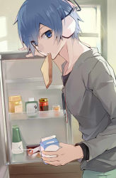 Rule 34 | 1boy, blue eyes, blue hair, bread slice, collarbone, devil survivor, drink, eyelashes, food, food in mouth, headphones, holding, indoors, long sleeves, looking at viewer, male focus, milk, mouth hold, protagonist (devil survivor), qitoli, refrigerator, room, shirt, short hair, solo, standing, toast, toast in mouth, window, wire