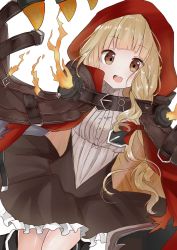 Rule 34 | 1girl, black dress, blonde hair, blunt bangs, brown hair, cloak, commentary request, cowboy shot, doko ka no hosono, dress, dutch angle, frilled dress, frills, highres, hood, hood up, hooded cloak, long hair, looking at viewer, open mouth, red cloak, red riding hood (sinoalice), shirt, simple background, sinoalice, smile, solo, white background, white shirt