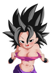 Rule 34 | 1girl, bare shoulders, black eyes, black hair, blush, breasts, caulifla, cleavage, dragon ball, dragon ball super, female focus, gradient background, highres, hip focus, legs, looking at viewer, medium breasts, navel, open mouth, rom (20), simple background, smile, solo, spiked hair, strapless, thighs, toned, tube top, upper body