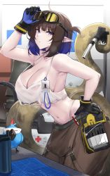 Rule 34 | 1girl, absurdres, adjusting goggles, ahoge, animal, arknights, bird, black gloves, blue bird, blue eyes, blush, breasts, brown hair, brown overalls, cleavage, crop top, crop top overhang, eunectes (arknights), eunectes (forgemaster) (arknights), gloves, goggles, goggles on head, hand on goggles, hand on own hip, high priest (arknights), highres, id card, kanta (kanta 077), lancet-2 (arknights), large breasts, leaning forward, looking at viewer, midriff, navel, official alternate costume, overalls, overalls pull, pointy ears, shirt, short hair, snake tail, solo, sweat, tail, white background, white shirt