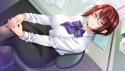 Rule 34 | 1girl, black-framed eyewear, blush, book, breasts, chair, closed mouth, collared shirt, eraser, female focus, from above, game cg, glasses, indoors, large breasts, legs, crossed legs, light blush, looking at viewer, mama x kano, mature female, narusawa ayumi, original, own hands together, pantyhose, red hair, ryuuki yumi, shirt, short hair, sitting, skirt, smile, solo, table, thighs, yellow eyes