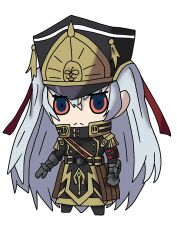 Rule 34 | 1girl, :&lt;, altair (re:creators), blue eyes, chinese commentary, coat, commentary request, fate (series), gauntlets, gold trim, hair between eyes, hair ribbon, hat, highres, long hair, long skirt, looking at viewer, military uniform, no shoes, re:creators, red eyes, red ribbon, ribbon, shako cap, simple background, skirt, solo, square pupils, two-tone eyes, uniform, very long hair, white background, white hair, xxx562375