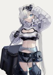 Rule 34 | 1girl, :d, absurdres, animal ears, arknights, arm up, aurora (arknights), bear ears, belt, belt pouch, black gloves, black hairband, blue eyes, box, breasts, cleavage, cooler, cowboy shot, crop top, eyes visible through hair, gloves, grey hair, grey shorts, hair over one eye, hairband, high collar, highres, infection monitor (arknights), long hair, long sleeves, looking at viewer, medium breasts, midriff, navel, open mouth, parted lips, pouch, see-through, short shorts, shorts, shrug (clothing), smile, solo, stomach, thighlet, unzipped, very long hair, yoon cook