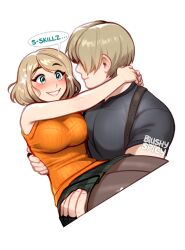 Rule 34 | 1boy, 1girl, arms around neck, ashley graham, bare arms, bare shoulders, blonde hair, blushyspicy, breasts, carrying, fingerless gloves, gloves, grin, large breasts, leon s. kennedy, looking at another, pantyhose, princess carry, resident evil, resident evil 4, resident evil 4 (remake), short hair, smile, sparkle, teeth, torn clothes, torn pantyhose