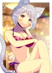 Rule 34 | 1girl, animal ear fluff, animal ears, bare arms, bare shoulders, bikini, blurry, blurry background, blush, breasts, brown eyes, cat ears, cat girl, cat tail, cleavage, closed mouth, collarbone, commentary request, commission, copyright request, depth of field, feet out of frame, grey hair, head tilt, knee up, kou hiyoyo, medium breasts, navel, print bikini, red bikini, short hair, side-tie bikini bottom, sitting, skeb commission, smile, solo, swimsuit, tail, virtual youtuber