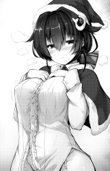 Rule 34 | 1girl, ai takurou, blush, breasts, capelet, closed mouth, covered erect nipples, fur trim, garter straps, greyscale, hair between eyes, hair ornament, hair ribbon, hands on own chest, hat, jingei (kancolle), kantai collection, large breasts, long sleeves, monochrome, panties, ribbon, santa hat, simple background, solo, sweat, underwear, whale hair ornament