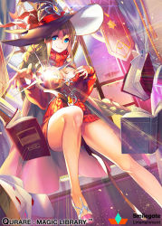 Rule 34 | 1girl, bad id, bad pixiv id, black hair, blonde hair, blue eyes, book, breasts, cape, cleavage cutout, clothing cutout, company name, copyright name, curtains, hat, hat ribbon, large breasts, long hair, long sleeves, magic, official art, open book, pink cape, pink footwear, qurare magic library, red sweater, ribbon, smile, sweater, turtleneck, turtleneck sweater, watermark, window, witch hat, xxinainaxx