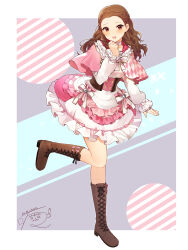 Rule 34 | 1girl, absurdres, argyle, blush, boots, brown hair, choker, cropped jacket, curly hair, dress, forehead, frilled dress, frills, hand on own chin, highres, idolmaster, idolmaster cinderella girls, idolmaster cinderella girls starlight stage, knee boots, layered dress, long hair, long sleeves, looking at viewer, mmmakaron888, multicolored background, open mouth, red eyes, seki hiromi, smile, solo, standing, standing on one leg, wavy hair