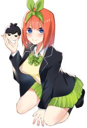 Rule 34 | &gt;:), 1boy, 1girl, absurdres, airo, between legs, black jacket, black socks, blue eyes, blush, bow, breasts, character doll, closed mouth, commentary, doll, double-parted bangs, dress shirt, eyelashes, full body, go-toubun no hanayome, green bow, green ribbon, hair between eyes, hair ribbon, hand between legs, hand up, highres, holding, holding doll, jacket, kneehighs, kneeling, large breasts, leaning forward, long sleeves, looking at viewer, medium hair, nakano yotsuba, no shoes, open clothes, open jacket, orange hair, plaid, plaid bow, ribbon, school uniform, shirt, simple background, smile, socks, solo focus, straight hair, sweater vest, tiptoes, uesugi fuutarou, upturned eyes, v-shaped eyebrows, white background, white shirt, yellow sweater vest