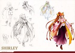 Rule 34 | 1girl, absurdres, back, breasts, character sheet, code geass, concept art, dress, female focus, green eyes, happy, highres, japanese clothes, kimono, legs, long hair, looking at viewer, orange hair, ponytail, scan, shirley fenette, shoes, sketch, smile, thong, very long hair