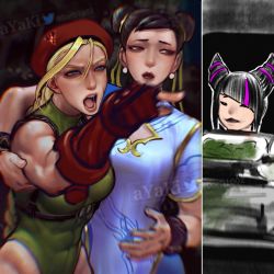 Rule 34 | 3girls, abs, angry, artist name, ayaki blade, beret, black hair, blonde hair, blue eyes, bracelet, braid, breasts, brown hair, cammy white, capcom, chest cutout, chest harness, chinese clothes, chun-li, commentary, diagonal bangs, double bun, earrings, english commentary, forehead, gloves, gold trim, green leotard, hair bun, hair horns, han juri, harness, hat, highleg, highleg leotard, highres, jewelry, leotard, medium breasts, meme, motion blur, multicolored hair, multiple girls, muscular, muscular female, pink hair, pointing, pointing at another, skin tight, streaked hair, street fighter, street fighter 6, twitter username, woman yelling at cat (meme)