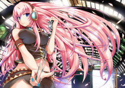 Rule 34 | 1girl, black skirt, blue eyes, breasts, covered erect nipples, headphones, highres, impossible clothes, impossible shirt, large breasts, long hair, megurine luka, microphone, microphone stand, microskirt, nail polish, navel, pink hair, revision, shirt, skirt, solo, very long hair, vocaloid, wallpaper, yuki mizore