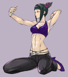 Rule 34 | 1girl, abs, alternate costume, arm up, armpits, bare shoulders, black hair, blunt bangs, capcom, drill hair, full body, grey background, halterneck, han juri, high heels, midriff, muscular, navel, pants, pink eyes, red eyes, shoes, simple background, sitting, sketch, sleeveless, solo, street fighter, street fighter iv (series), tetsu (kimuchi), toned, twin drills, twintails, wariza
