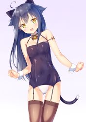 Rule 34 | 10s, 1girl, :d, ahoge, animal ears, bare shoulders, bell, blue background, blue hair, bow, bowtie, breasts, brown thighhighs, cat ears, cat tail, covered navel, cowboy shot, detached collar, garter straps, gluteal fold, gradient background, hair flaps, hair ornament, hairclip, highres, hinako note, jacket, jingle bell, kazuma (kazumav), kittysuit, leaning to the side, long hair, looking at viewer, natsukawa kuina, nontraditional playboy bunny, nontraditional school swimsuit, one-piece swimsuit, open mouth, school swimsuit, small breasts, smile, solo, swimsuit, tail, thigh gap, thighhighs, wrist cuffs, yellow eyes
