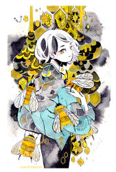 Rule 34 | 1girl, antennae, artist name, bee, bug, from behind, hand on own shoulder, honeycomb (pattern), bug, long sleeves, looking at viewer, looking back, maruti bitamin, original, oversized insect, short hair, smile, solo, white hair, yellow eyes