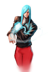 Rule 34 | 1boy, aqua hair, blue eyes, blue fire, cowboy shot, fire, glowing, glowing hand, hair over one eye, jacket, jewelry, leather, leather jacket, long hair, male focus, omega symbol, remy (street fighter), ring, solo, street fighter, street fighter iii (series), yong nin young