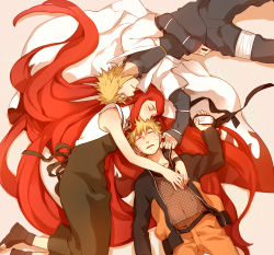 Rule 34 | 1girl, 2boys, age difference, bandages, blonde hair, blush, dress, closed eyes, facial mark, family, father and son, forehead protector, husband and wife, i (kaiyou), konohagakure symbol, long hair, mother and son, multiple boys, namikaze minato, naruto (series), naruto shippuuden, red hair, sleeping, spiked hair, uzumaki kushina, uzumaki naruto, very long hair, whisker markings