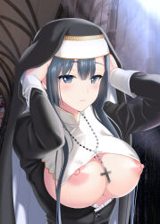 Rule 34 | 1girl, adjusting clothes, arms up, black hair, blue eyes, blush, breasts, breasts out, church, cross, cross necklace, eyebrows hidden by hair, female focus, habit, hair between eyes, highres, indoors, jewelry, large breasts, light blush, light smile, long hair, looking at viewer, necklace, nipples, nun, original, saikawa yusa, smile, solo, sweat, upper body