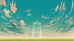 Rule 34 | blue sky, cloud, day, door, emergency exit, exit sign, grass, highres, no humans, original, outdoors, scenery, shuu illust, sky