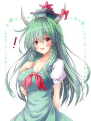 Rule 34 | 1girl, blue hair, blush, bow, breasts, cleavage, collarbone, ex-keine, green hair, hand on own chest, hat, highres, horns, kamishirasawa keine, large breasts, long hair, looking at viewer, multicolored hair, open mouth, osashin (osada), puffy short sleeves, puffy sleeves, red bow, red eyes, short sleeves, solo, touhou