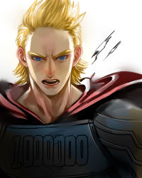 Rule 34 | 10s, 1boy, blonde hair, blue eyes, boku no hero academia, cape, highres, male focus, open mouth, simple background, solo, teeth, togata mirio, white background