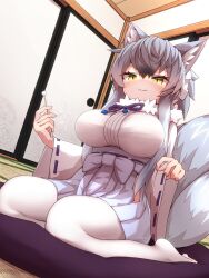Rule 34 | :3, animal ears, blue skirt, blush, bow, bowtie, commentary, from below, fur collar, glowing, glowing eyes, grey hair, highres, japanese clothes, karekusa meronu, kemono friends, kimono, lap pillow invitation, long hair, looking at viewer, makami (kemono friends), no shoes, pantyhose, pleated skirt, pov, purple bow, purple bowtie, seiza, sitting, skirt, smile, symbol-only commentary, tail, white fur, white kimono, white pantyhose, wolf ears, wolf girl, wolf tail, yellow eyes