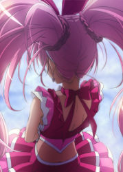 Rule 34 | 10s, 1girl, back, bow, cure melody, earrings, from behind, haruyama kazunori, houjou hibiki, jewelry, long hair, magical girl, nape, neck ribbon, pink bow, pink hair, precure, ribbon, solo, suite precure, twintails