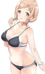Rule 34 | 1girl, bare shoulders, blush, breasts, brown eyes, collarbone, hip focus, idolmaster, idolmaster shiny colors, large breasts, light brown hair, looking at viewer, low twintails, navel, open mouth, sakuragi mano, short hair, simple background, smile, solo, tetsujin momoko, twintails, white background