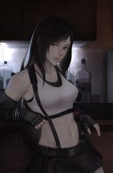 Rule 34 | 1girl, absurdres, alcohol, artist name, bar (place), belt, black skirt, black sports bra, bottle, breasts, cellahri, crop top, final fantasy, final fantasy vii, final fantasy vii remake, fingerless gloves, gloves, highres, indoors, leaning on table, liquor, long hair, looking to the side, materia, medium breasts, midriff, skirt, solo, sports bra, stomach, suspender skirt, suspenders, tank top, tifa lockhart, white tank top