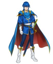 Rule 34 | 1boy, armor, belt, blue eyes, blue hair, boots, cape, fire emblem, fire emblem: genealogy of the holy war, fire emblem heroes, full body, gloves, hand on own hip, headband, highres, ipev, long hair, male focus, nintendo, official art, pants, seliph (fire emblem), sheath, shoulder armor, solo, standing, sword, transparent background, two-sided cape, two-sided fabric, weapon